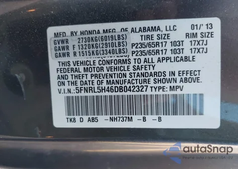 2013 Honda Odyssey Ex из США, поврежденный, VIN 5FNRL5H46DB042327